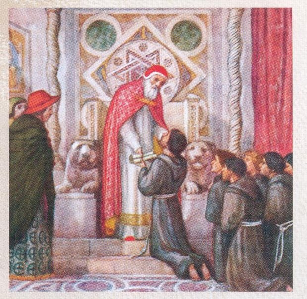 Francisco ante el Papa Inocencio III. Acuarela de P. Subercaseaux